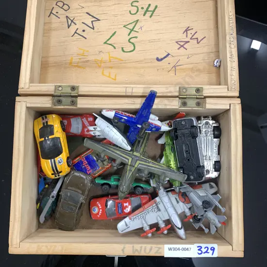 Wooden Box, Assorted Model Toy Cars & Planes