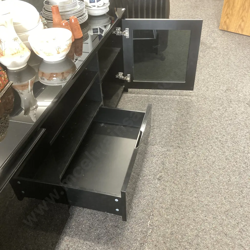 Black Glass Entertainment Unit, 2 Door, Single Drawer & Shelf, H60 W162 D42cm Image 1++