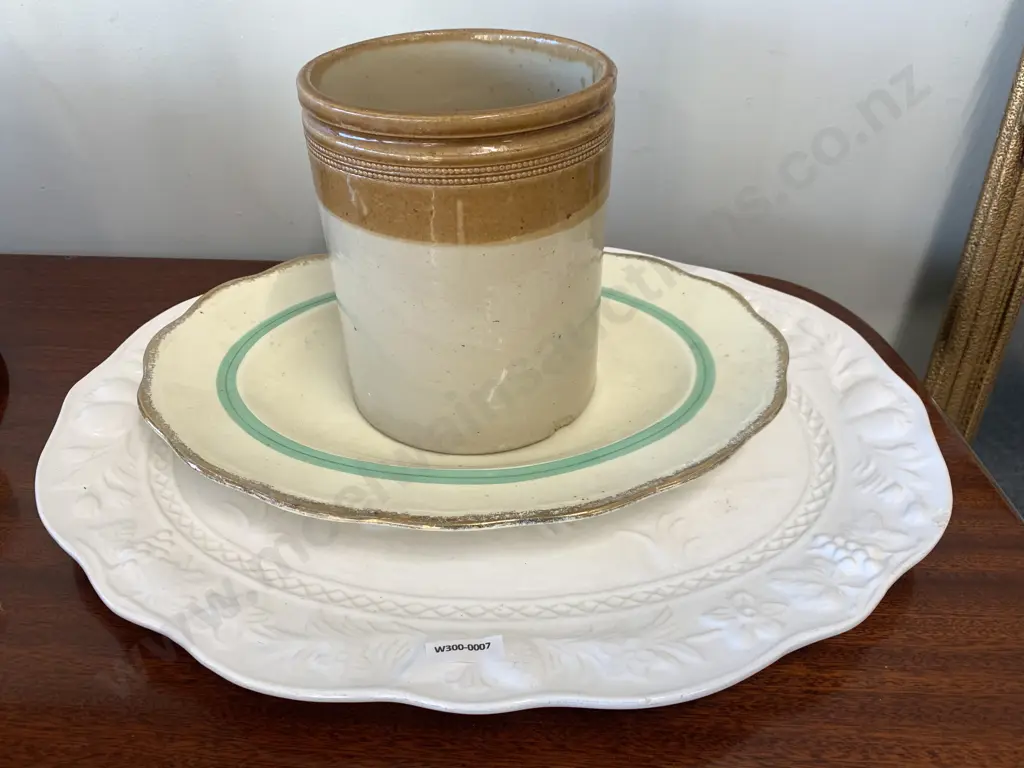 Alfred Meakin Oval Platter, White Turkey Oval Platter & Stone Jar (af)   Image 1++