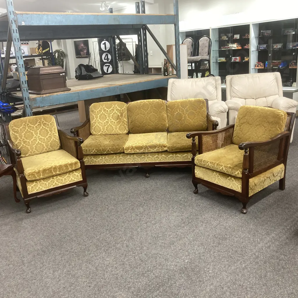 Cane Filled Bergere Lounge Suite, Gold Fabric, Cabriole Legs, 3+1+1 Image 1++