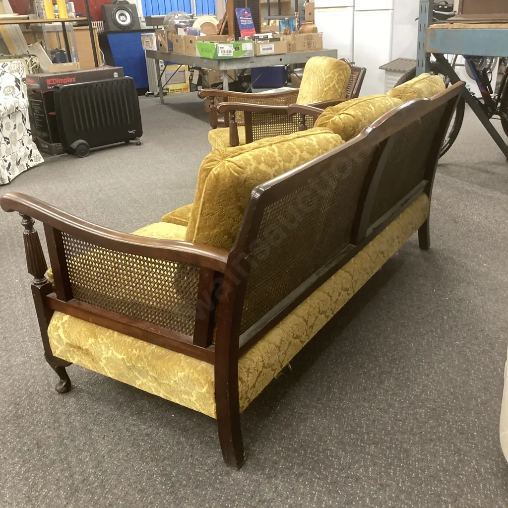 Cane Filled Bergere Lounge Suite, Gold Fabric, Cabriole Legs, 3+1+1 Image 1++