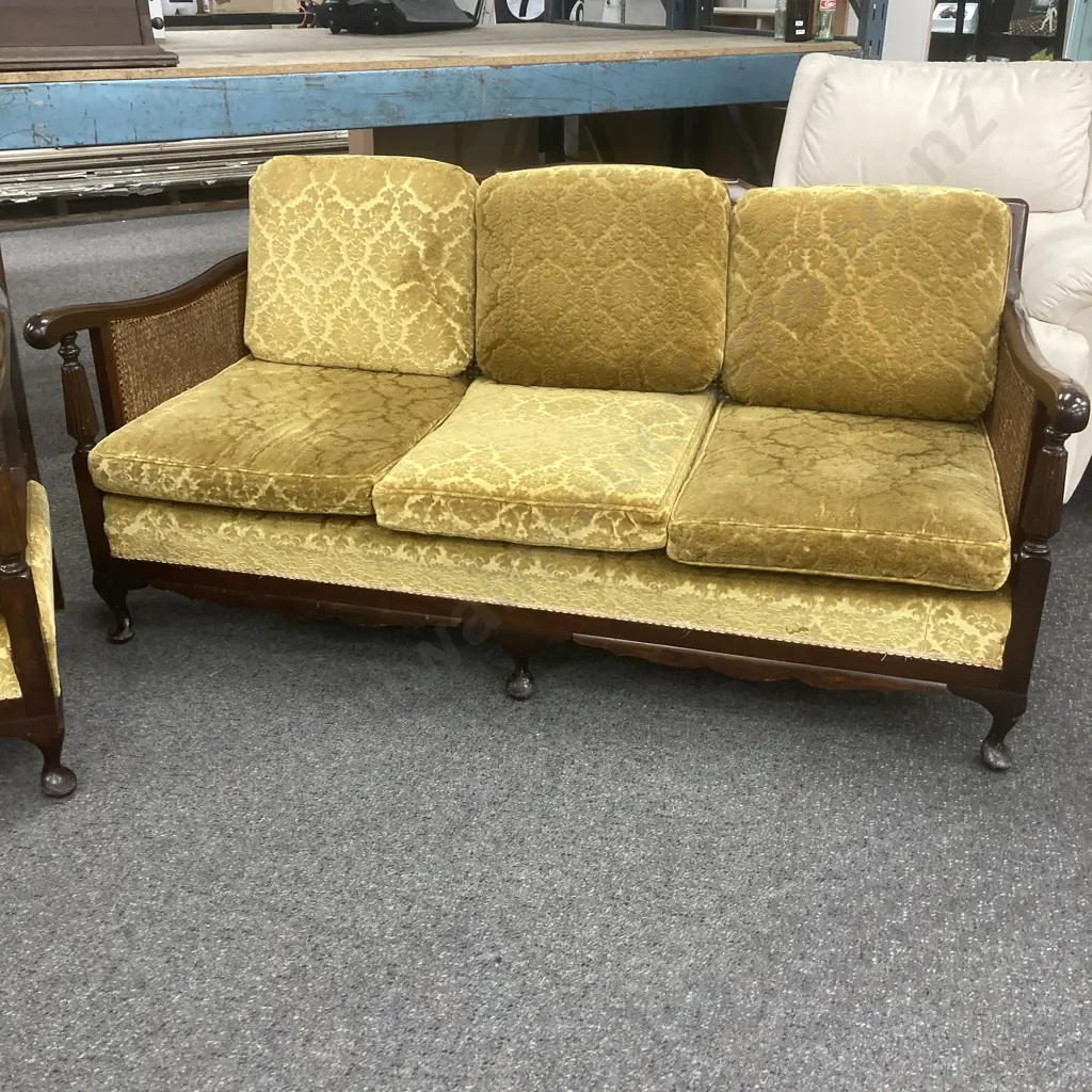 Cane Filled Bergere Lounge Suite, Gold Fabric, Cabriole Legs, 3+1+1 Image 1++