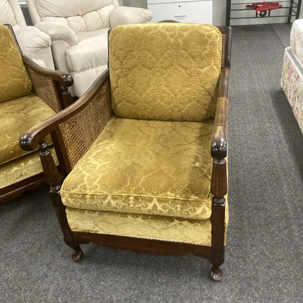 Cane Filled Bergere Lounge Suite, Gold Fabric, Cabriole Legs, 3+1+1 Image 1++