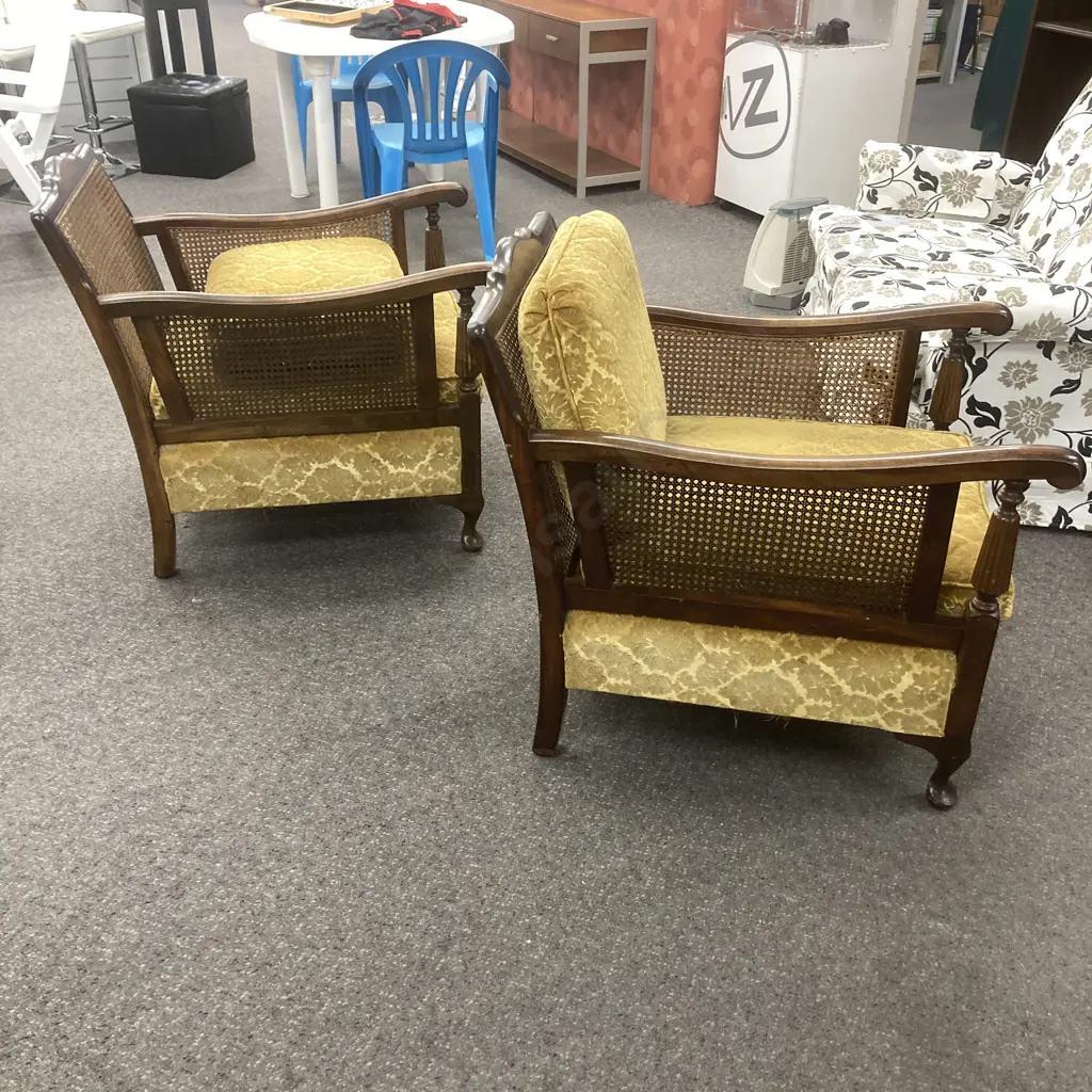 Cane Filled Bergere Lounge Suite, Gold Fabric, Cabriole Legs, 3+1+1 Image 1++