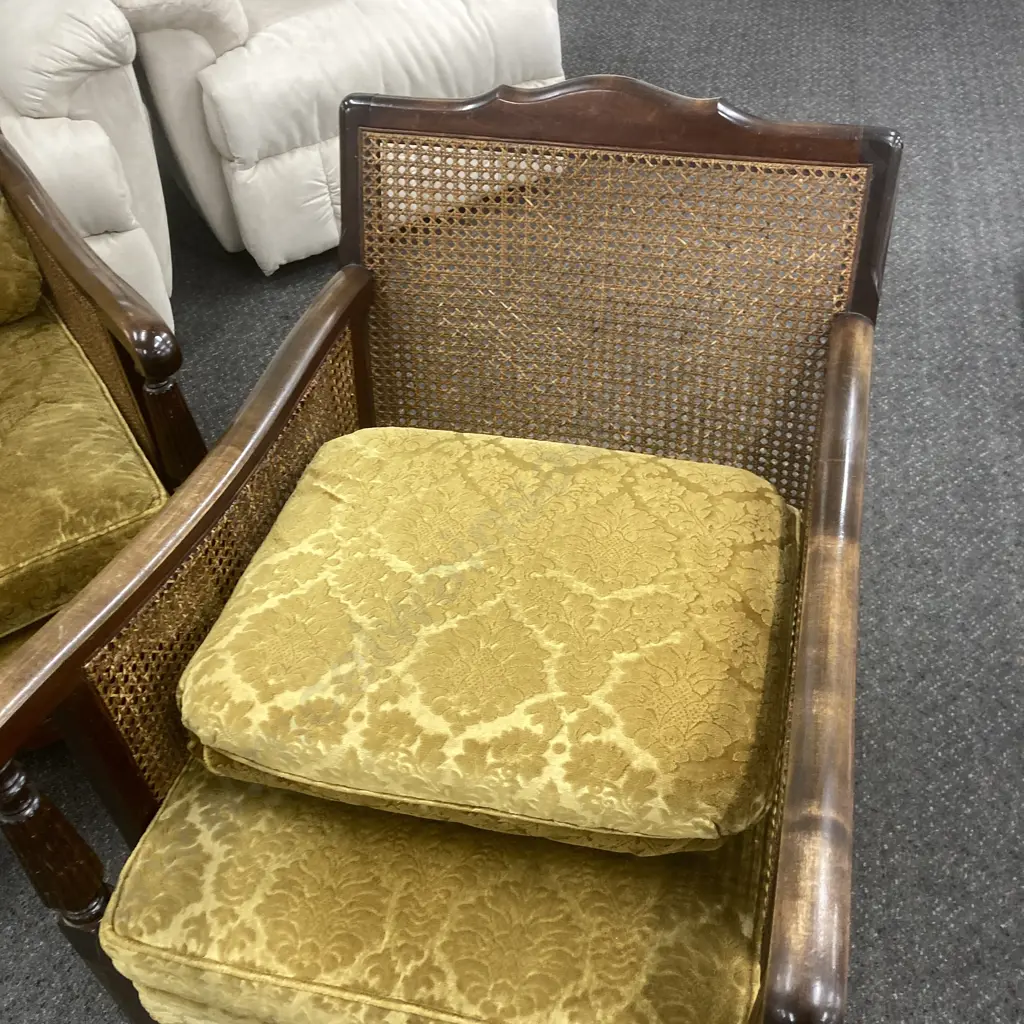 Cane Filled Bergere Lounge Suite, Gold Fabric, Cabriole Legs, 3+1+1 Image 1++