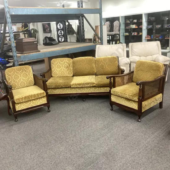 Cane Filled Bergere Lounge Suite, Gold Fabric, Cabriole Legs, 3+1+1