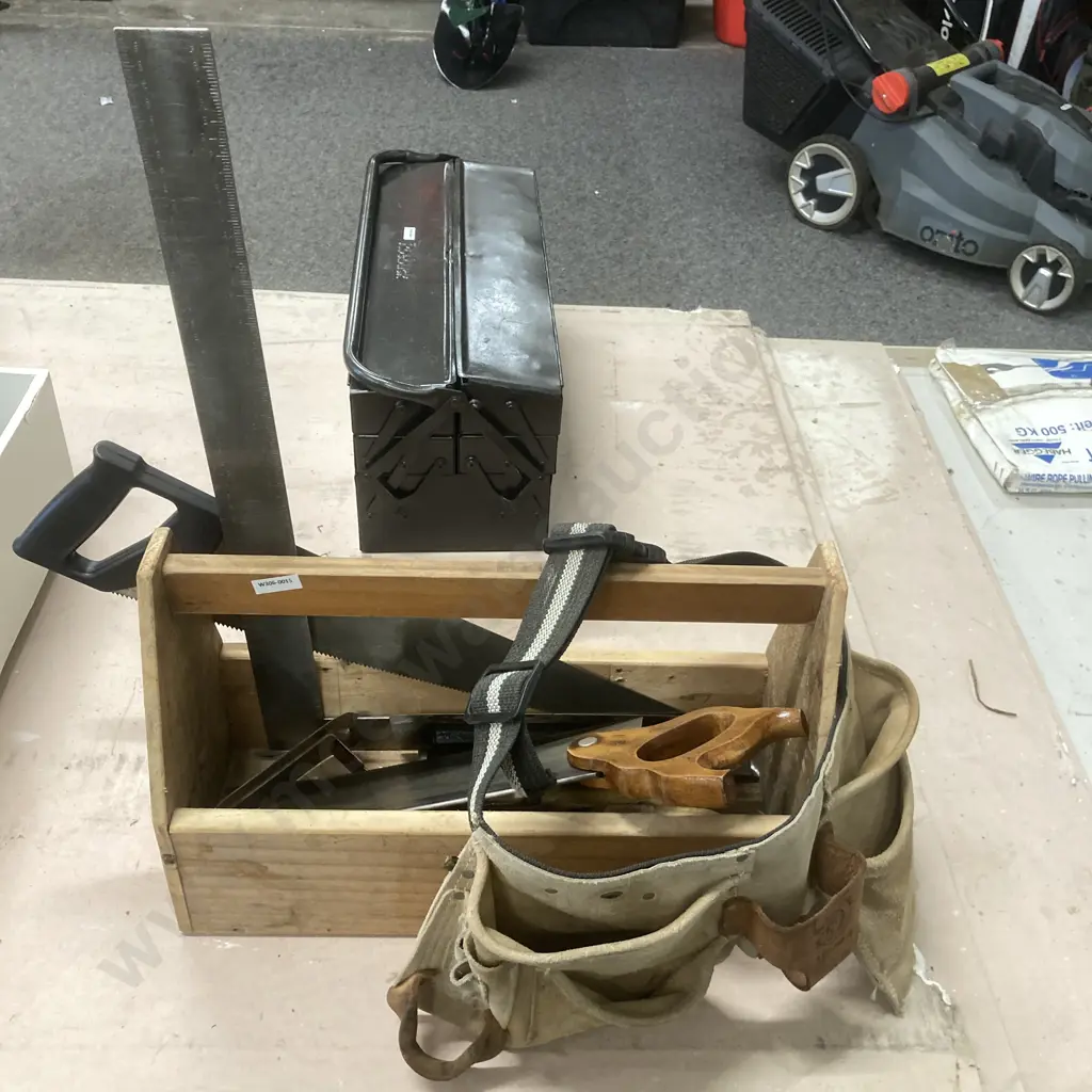 Wooden Tool Caddy, Apron, Square, Trowels, Saws Etc Image 1++