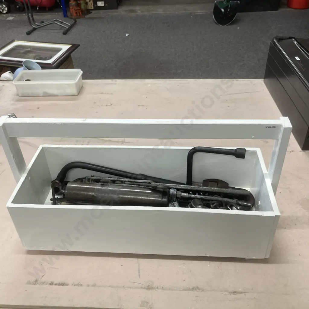 Wooden Tool Caddy With Assorted Vintage Tools Etc Image 1++