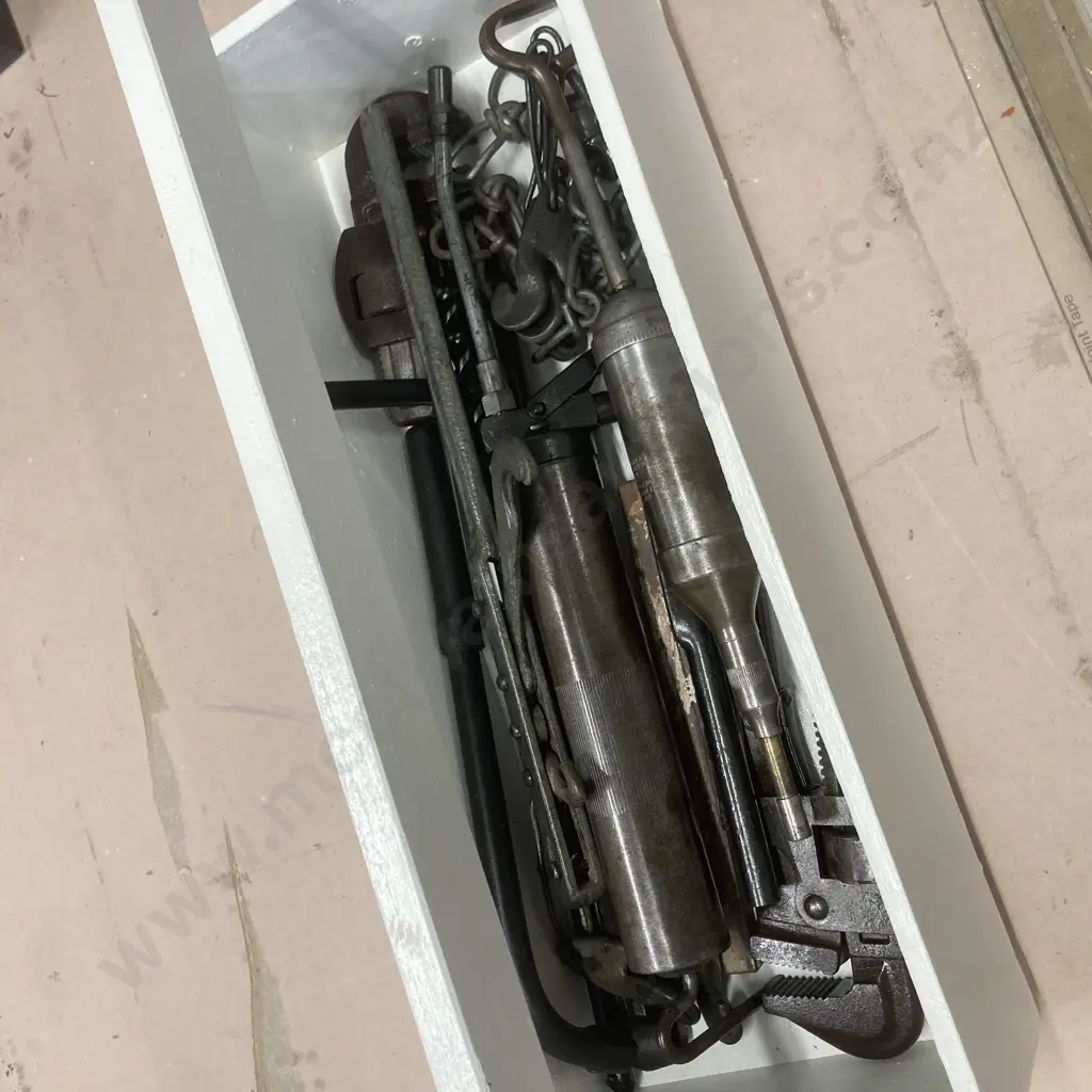 Wooden Tool Caddy With Assorted Vintage Tools Etc Image 1++