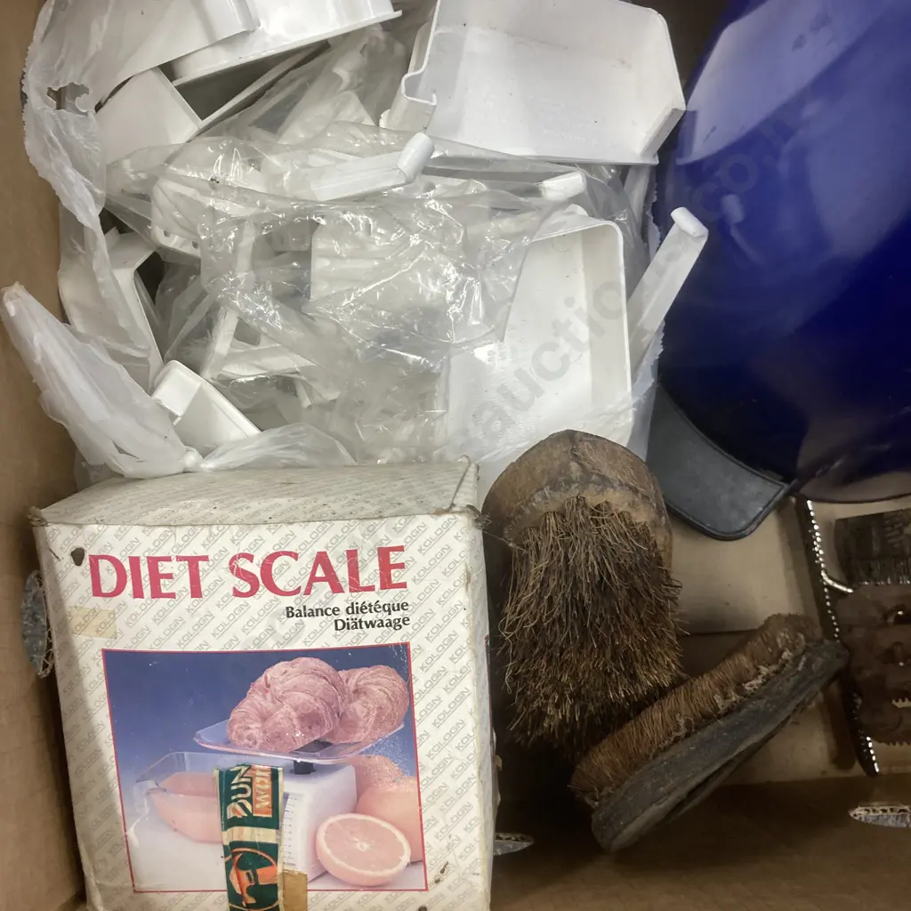 Box Lot Blue Bin, Horse Gear, Guttering Fittings, Scales, Bag Image 1++