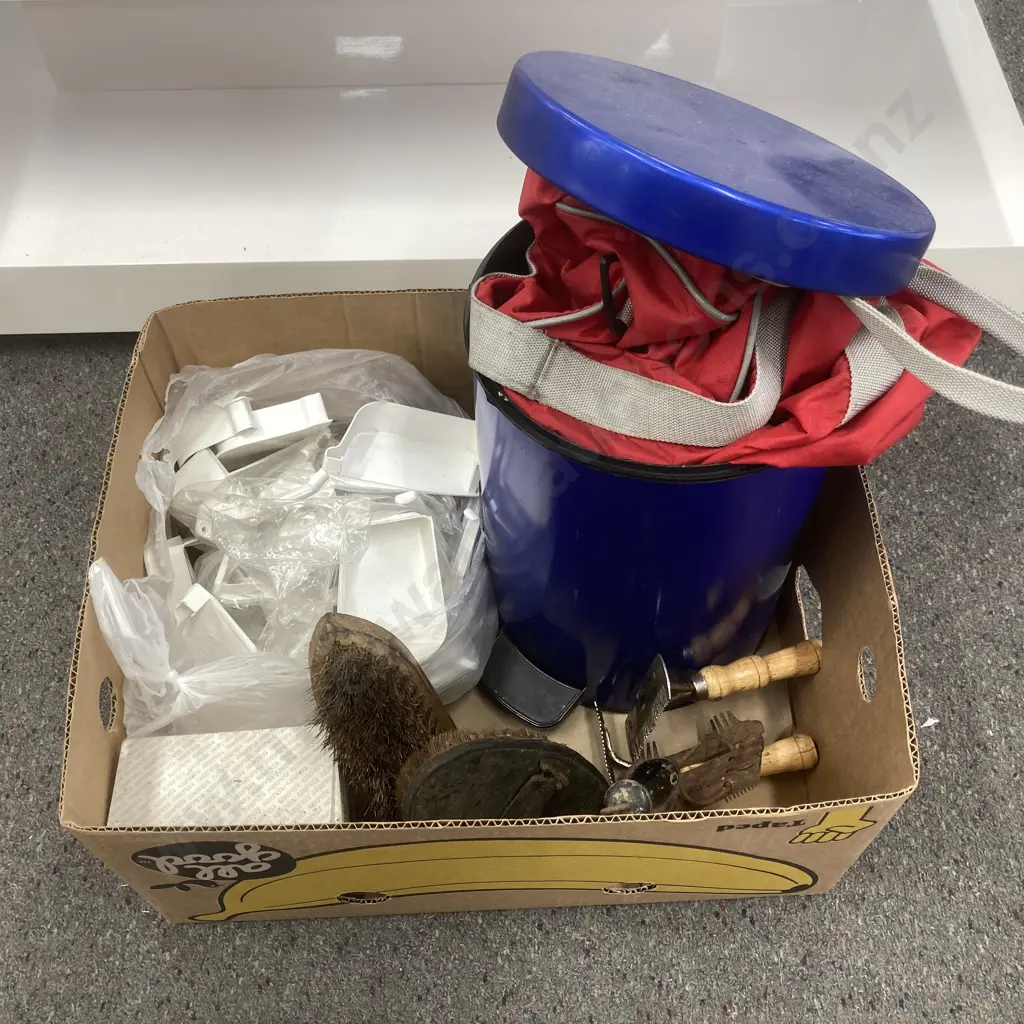 Box Lot Blue Bin, Horse Gear, Guttering Fittings, Scales, Bag Image 1++