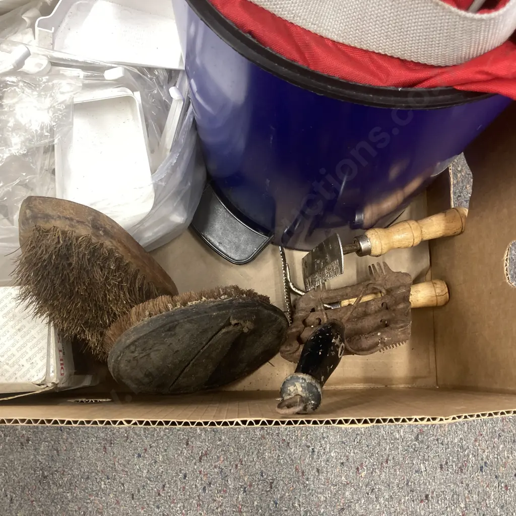 Box Lot Blue Bin, Horse Gear, Guttering Fittings, Scales, Bag Image 1++
