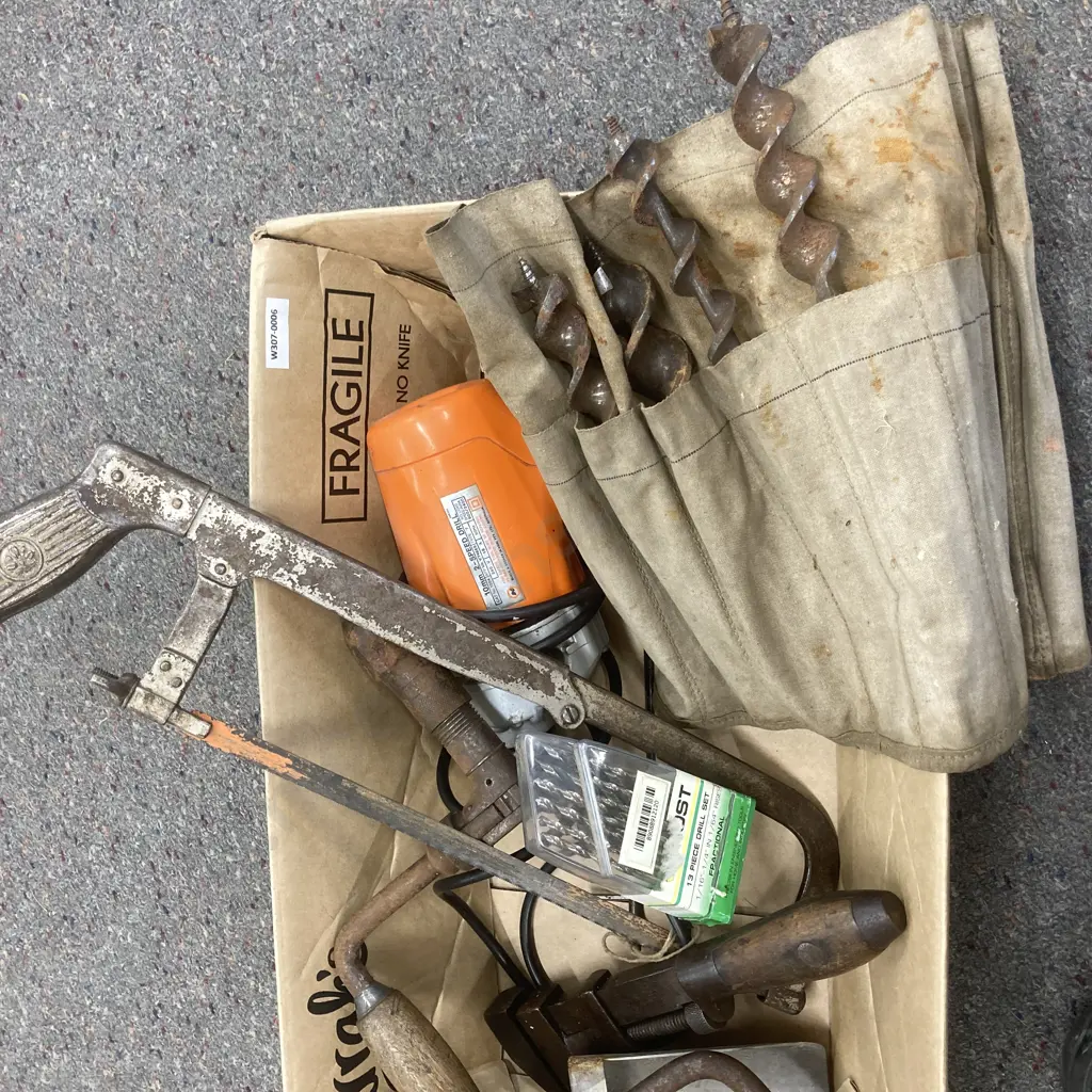 Box Lot Vintage Tools, B&D 2 Spd 10mm Drill, Bits, Augers, Brace & Bit Etc Image 1++