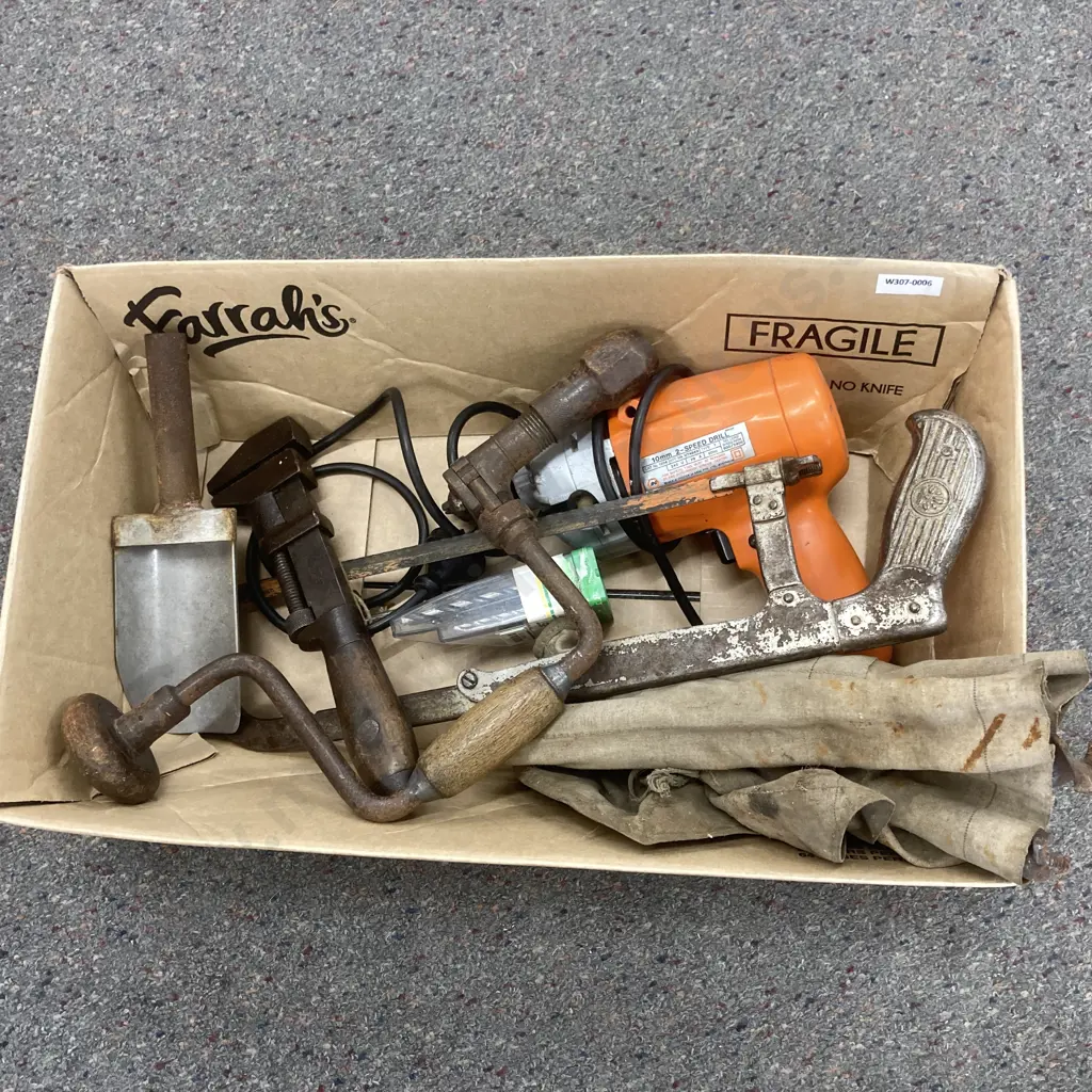 Box Lot Vintage Tools, B&D 2 Spd 10mm Drill, Bits, Augers, Brace & Bit Etc Image 1++