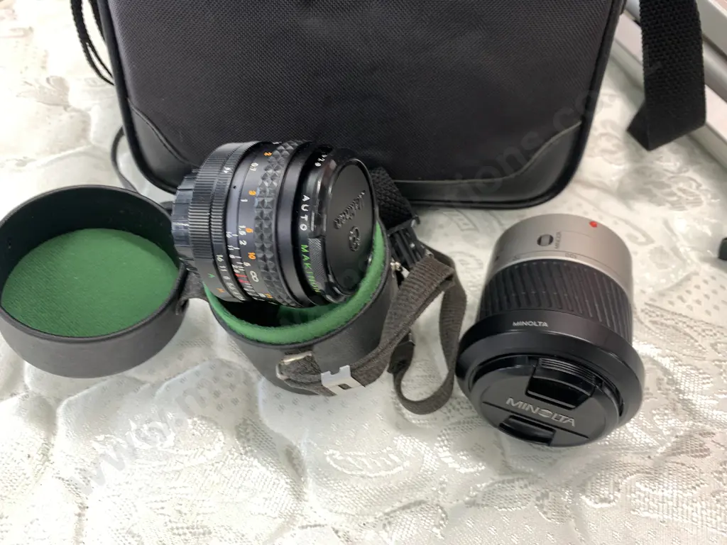 Assorted Camera Sundries In Bag, Makinon Lens, Minolta AF Zoom Lens, EX-3 Tripod Image 1++