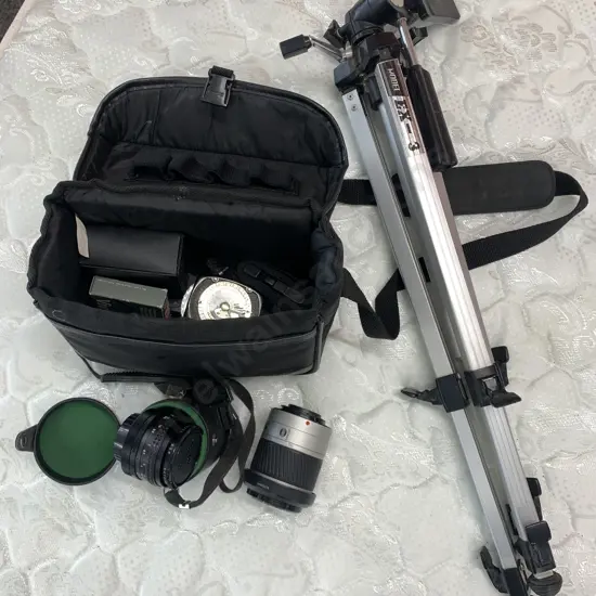 Assorted Camera Sundries In Bag, Makinon Lens, Minolta AF Zoom Lens, EX-3 Tripod