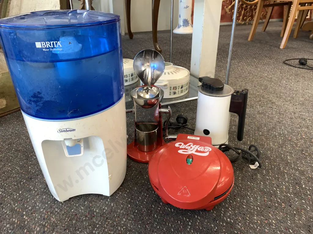 Cappuccino Milk Frother, Living & Co Waffle Maker, Sunbeam Brita Filter & Red Ice Crusher Image 1++