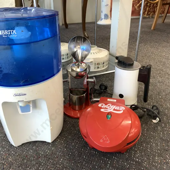 Cappuccino Milk Frother, Living & Co Waffle Maker, Sunbeam Brita Filter & Red Ice Crusher