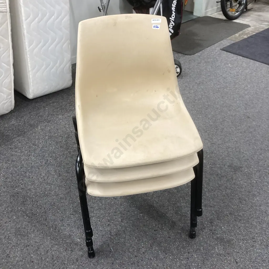 Set of Three Retro Kids Stacker Chairs, Moulded Plastic On Black Steel Frame Image 1++