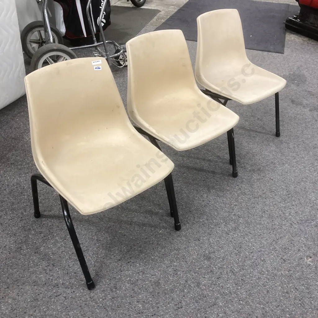 Set of Three Retro Kids Stacker Chairs, Moulded Plastic On Black Steel Frame Image 1++