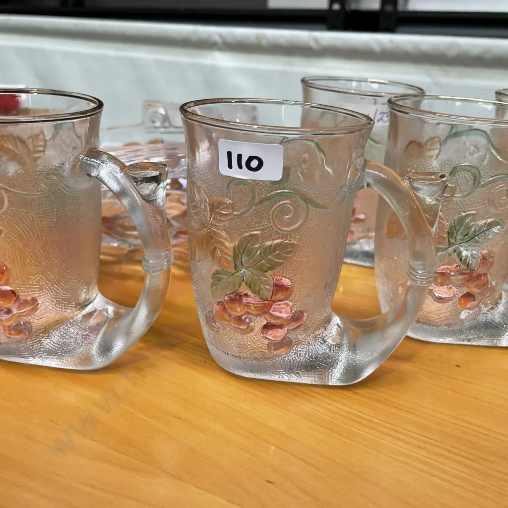 Set of 5 Vintage Moulded Glass Mugs with coloured and moulded grape/leaf design with handled basket Image 1++