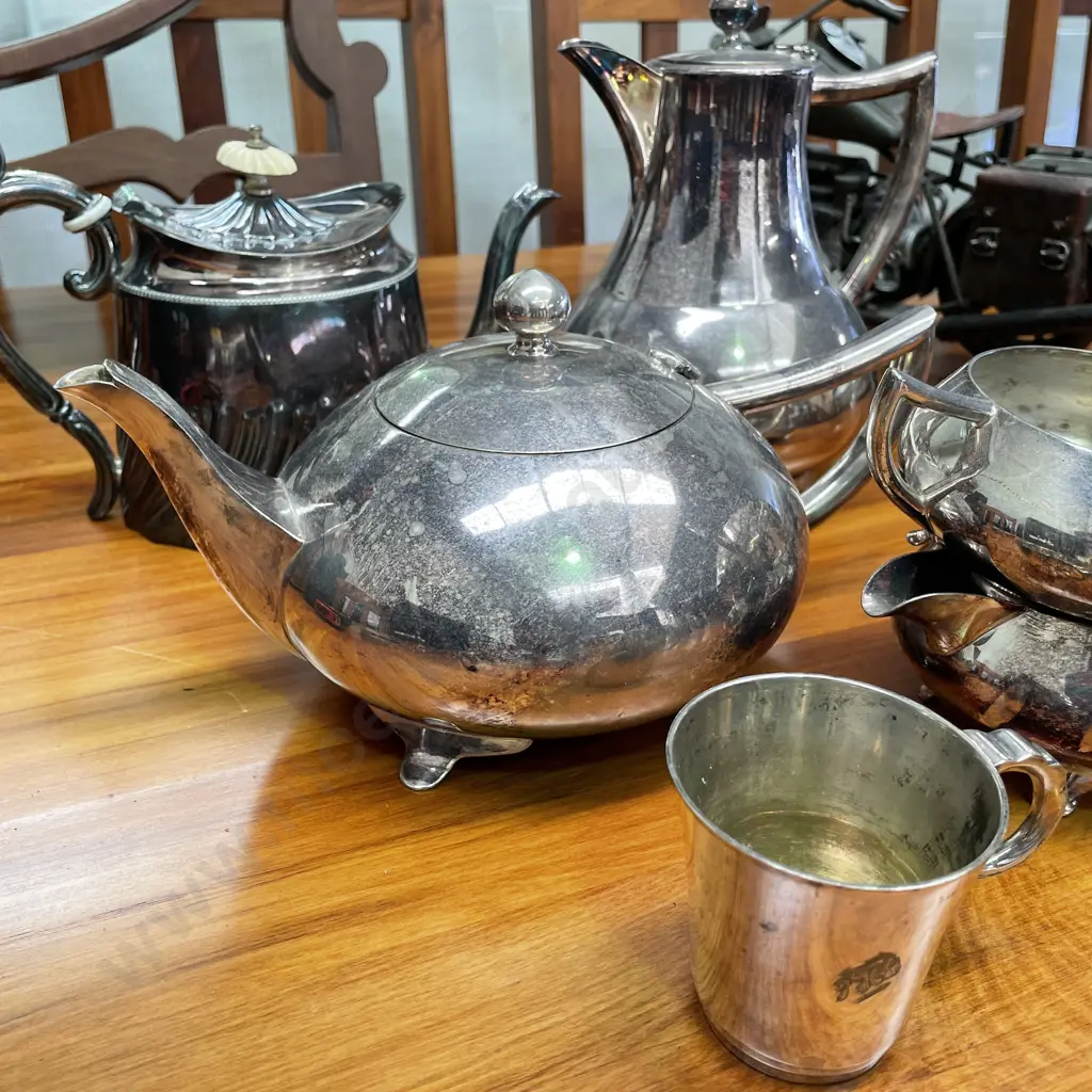 4 Piece Waterhouse Silver Plate Tea Service with Small Mug and T.W&S Teapot Image 1++