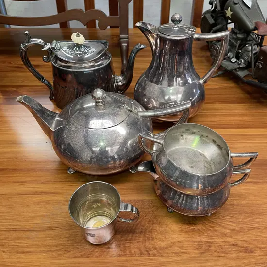 4 Piece Waterhouse Silver Plate Tea Service with Small Mug and T.W&S Teapot