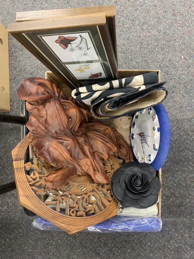 Box Lot of Vintage Items, Wooden Clock, Wall Art, Cross Stitch Etc Image 1++