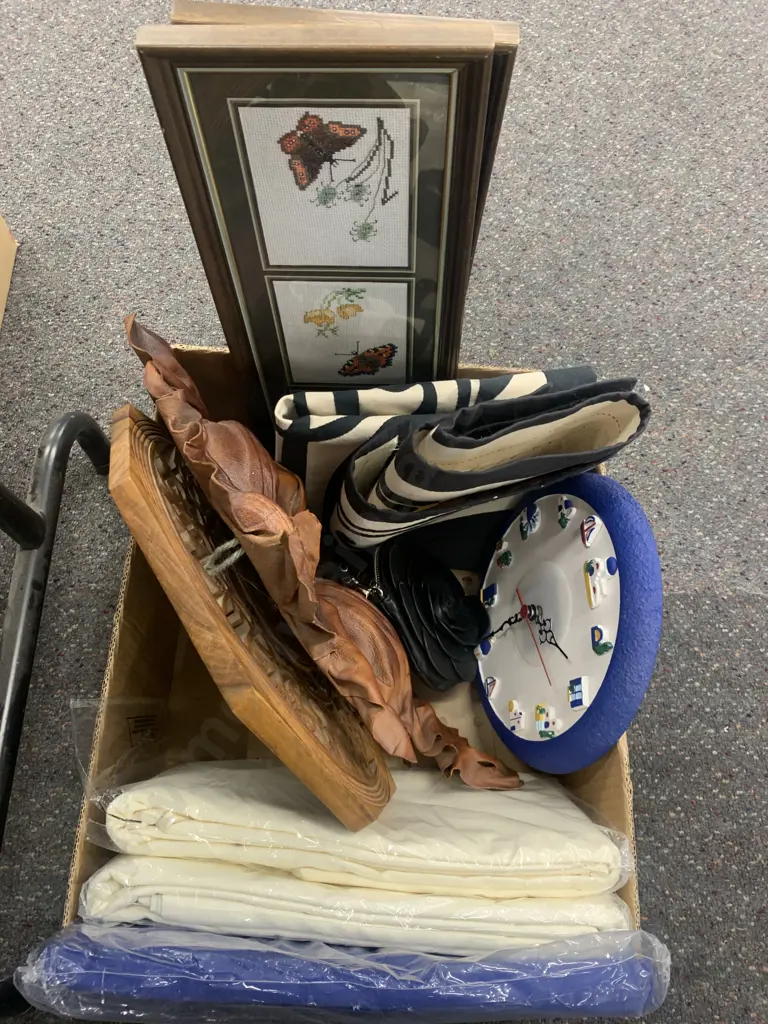 Box Lot of Vintage Items, Wooden Clock, Wall Art, Cross Stitch Etc Image 1++