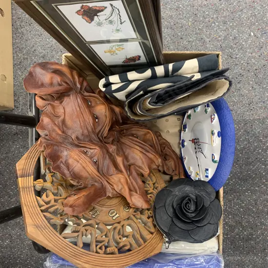 Box Lot of Vintage Items, Wooden Clock, Wall Art, Cross Stitch Etc