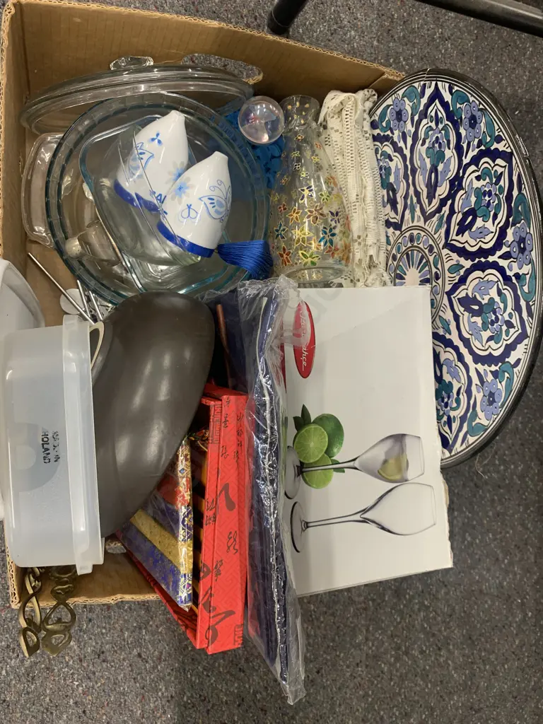 Box Lot of Glassware, Wind Chime, Coasters Etc Image 1++