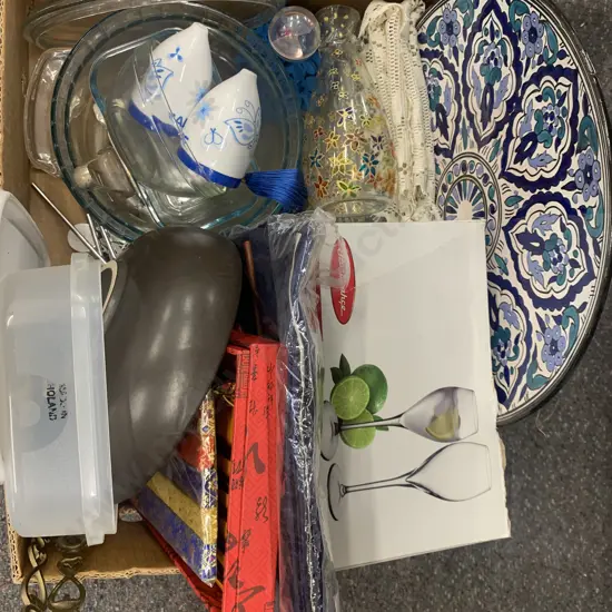 Box Lot of Glassware, Wind Chime, Coasters Etc