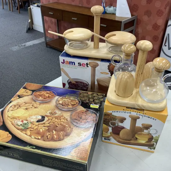 Wooden Condiment Set, Jam Set & And Appetiser Tray 