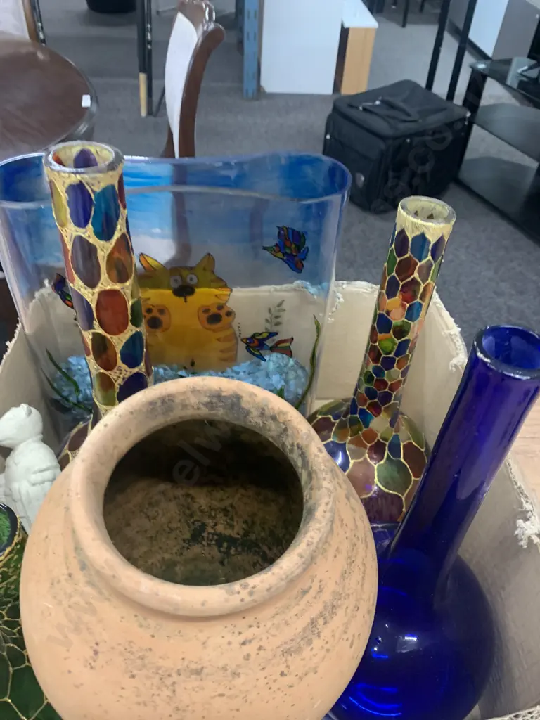 Box Lot Of Coloured Glass Vase, Bottles Etc Image 1++