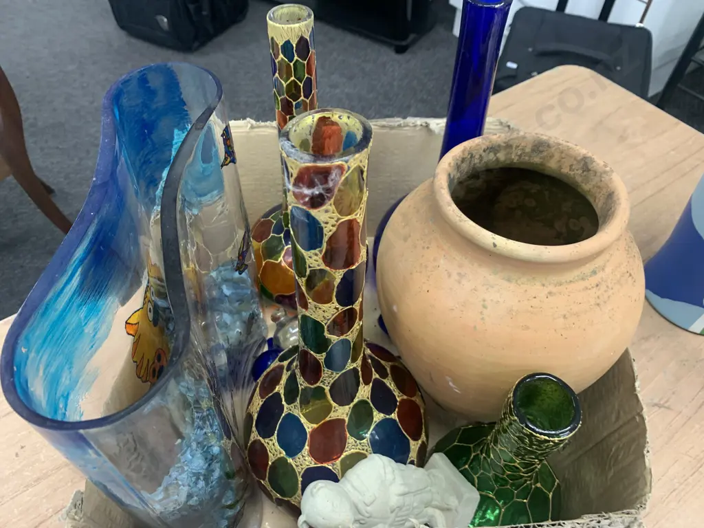 Box Lot Of Coloured Glass Vase, Bottles Etc Image 1++
