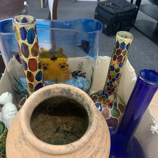 Box Lot Of Coloured Glass Vase, Bottles Etc