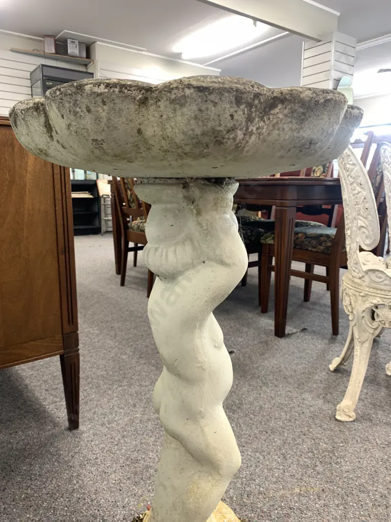 Vintage Concrete Birdbath, Cherub Pedestal With Shell Top, 79 x 48cm Image 1++