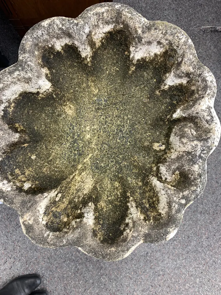 Vintage Concrete Birdbath, Cherub Pedestal With Shell Top, 79 x 48cm Image 1++