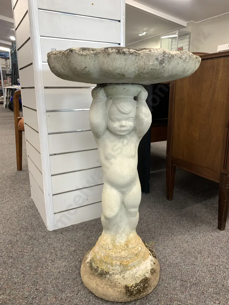 Vintage Concrete Birdbath, Cherub Pedestal With Shell Top, 79 x 48cm Image 1++