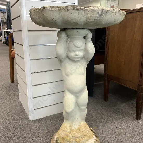 Vintage Concrete Birdbath, Cherub Pedestal With Shell Top, 79 x 48cm