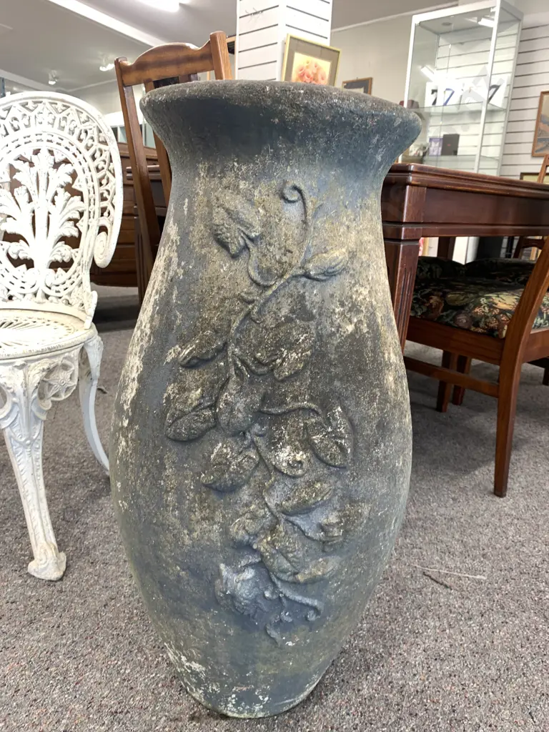 Concrete Garden Urn With A Raised Vine Detail, 78 x 38cm, Vintage Condition Image 1++
