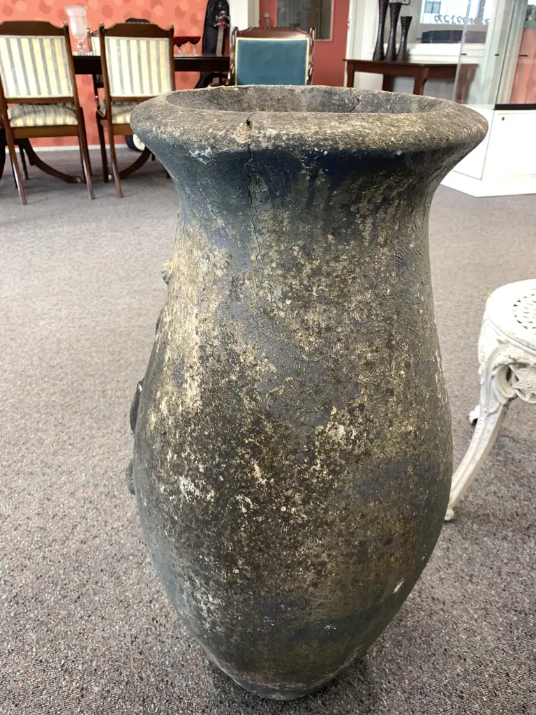 Concrete Garden Urn With A Raised Vine Detail, 78 x 38cm, Vintage Condition Image 1++