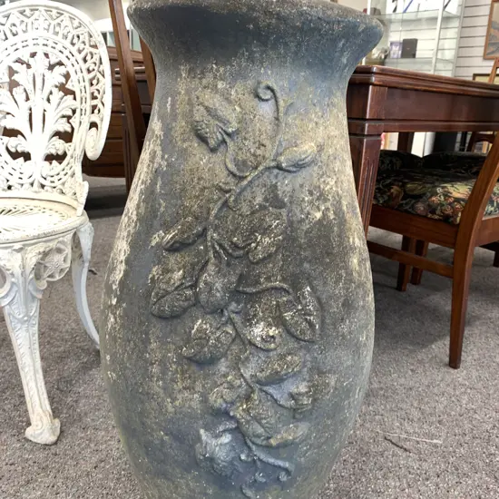 Concrete Garden Urn With A Raised Vine Detail, 78 x 38cm, Vintage Condition