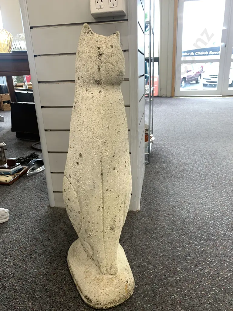 Vintage Ornamental Concrete Cat Painted White, 73 x 32cm Image 1++