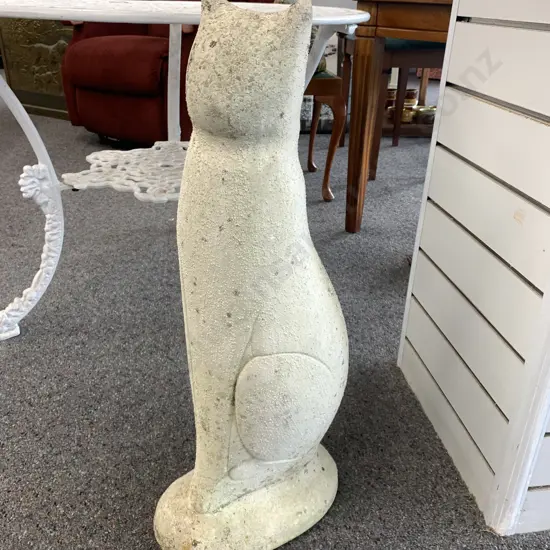 Vintage Ornamental Concrete Cat Painted White, 73 x 32cm