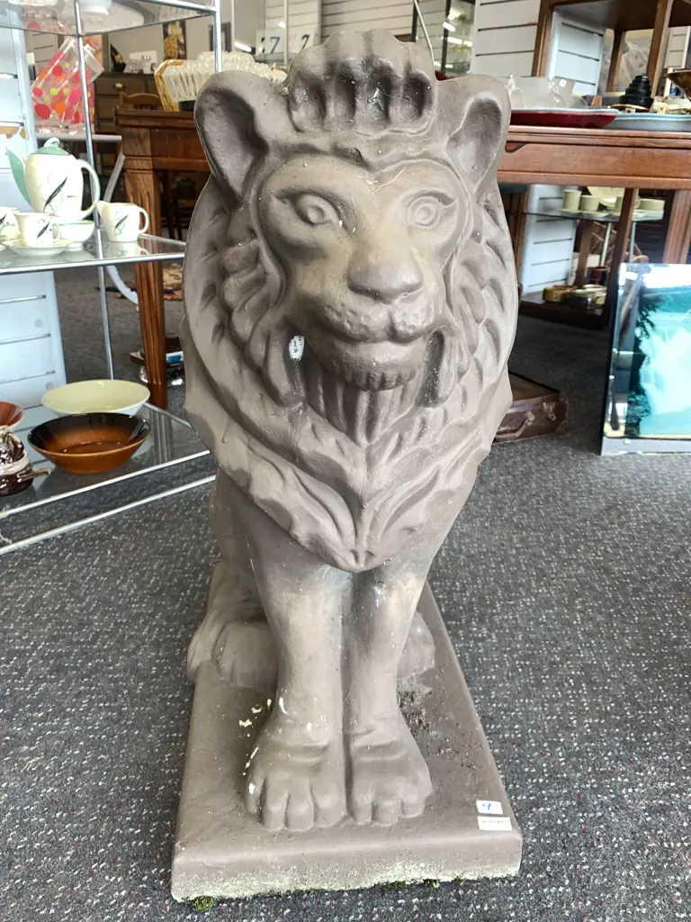 Concrete Sitting Lion Statue Painted Brown H74cm, W55cm, D33cm. Image 1++
