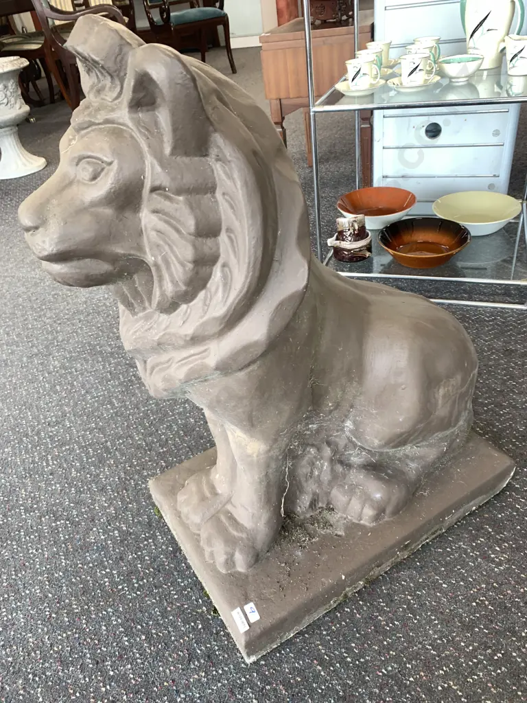 Concrete Sitting Lion Statue Painted Brown H74cm, W55cm, D33cm. Image 1++