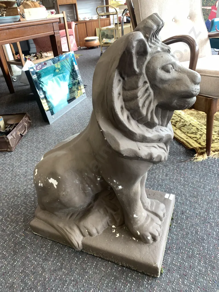 Concrete Sitting Lion Statue Painted Brown H74cm, W55cm, D33cm. Image 1++