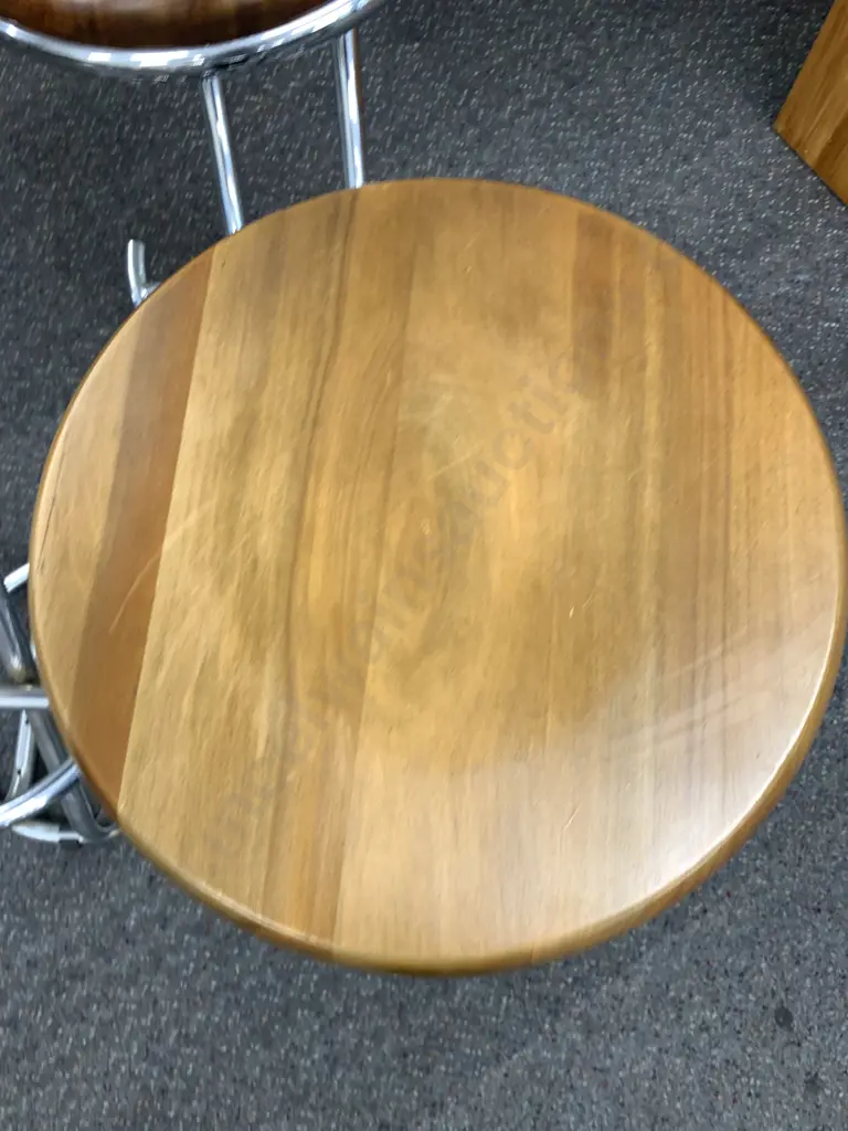 Set of 3 Modern Barstools, Round Rimu Indented Top On Polished Steel Base, 74 x 37cm Image 1++