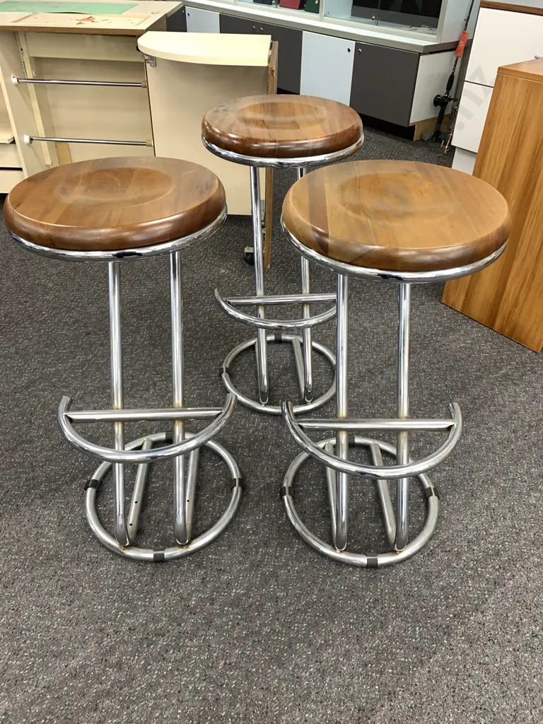 Set of 3 Modern Barstools, Round Rimu Indented Top On Polished Steel Base, 74 x 37cm Image 1++